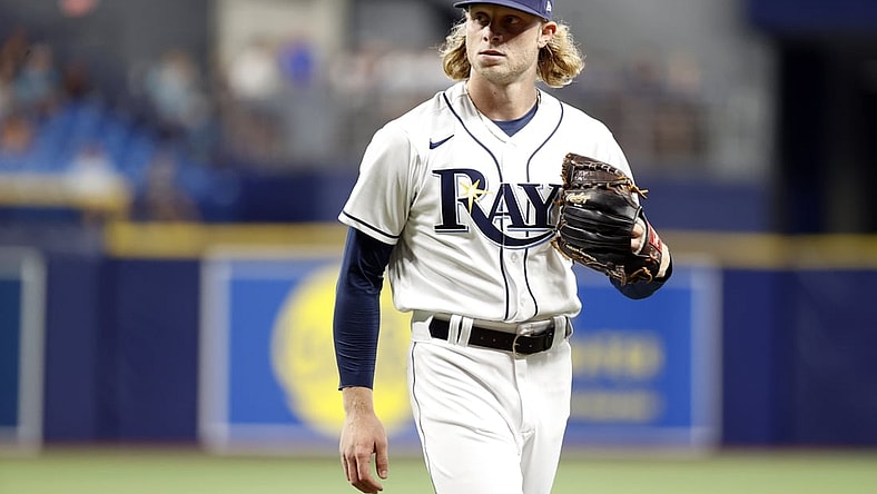 Sep 20, 2021; St. Petersburg, Florida, USA;   Tampa Bay Rays pitcher Shane Baz (11) looks on at the end of the second inning against the Toronto Blue Jays at Tropicana Field. Mandatory Credit: Kim Klement-USA TODAY Sports