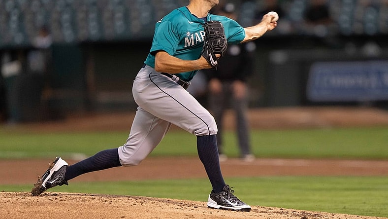 Sep 20, 2021; Oakland, California, USA;  Seattle Mariners starting pitcher Tyler Anderson (31) pitches during the second inning against the Oakland Athletics at RingCentral Coliseum. Mandatory Credit: Stan Szeto-USA TODAY Sports