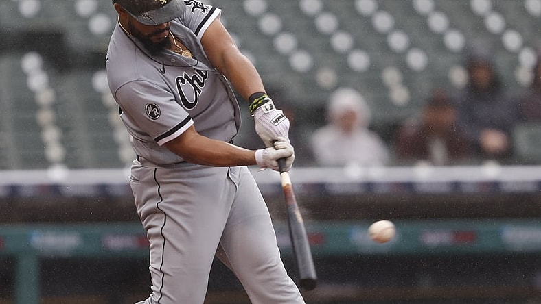 Sep 21, 2021; Detroit, Michigan, USA; Chicago White Sox first baseman Jose Abreu (79) hits a single during the third inning against the Detroit Tigers at Comerica Park. Mandatory Credit: Raj Mehta-USA TODAY Sports