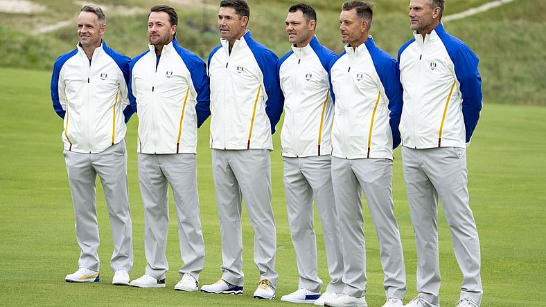 September 21, 2021; Kohler, Wisconsin, USA; Team Europe captain Padraig Harrington (third from left) poses with his vice-captains (L-R) Luke Donald, Graeme McDowell, Martin Kaymer, Henrik Stenson, and Robert Karlsson during a practice round for the 43rd Ryder Cup golf competition at Whistling Straits. Mandatory Credit: Kyle Terada-USA TODAY Sports