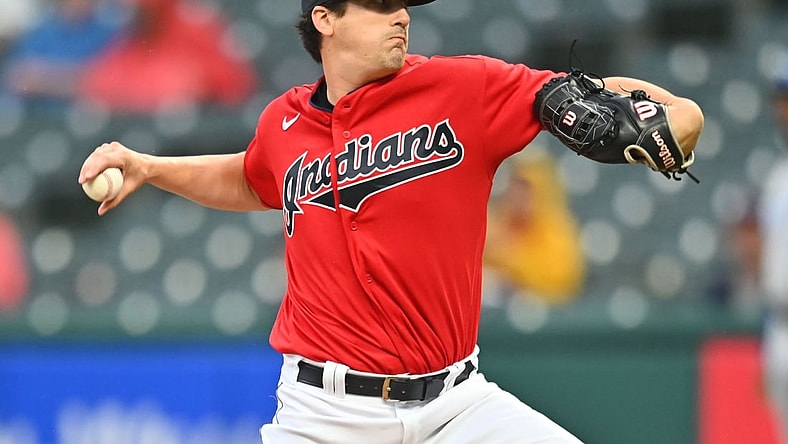 Sep 21, 2021; Cleveland, Ohio, USA; Cleveland Indians starting pitcher Cal Quantrill (47) throws a pitch during the first inning against the Kansas City Royals at Progressive Field. Mandatory Credit: Ken Blaze-USA TODAY Sports