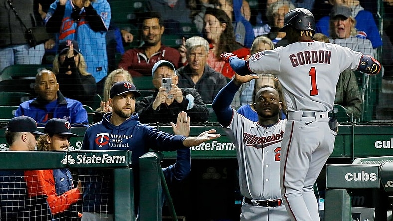Sep 21, 2021; Chicago, Illinois, USA; Minnesota Twins left fielder Nick Gordon (1) is congratulated as he enters the dugout after hitting a two run home run against the Chicago Cubs during the fourth inning during the fourth inning at Wrigley Field. Mandatory Credit: Jon Durr-USA TODAY Sports