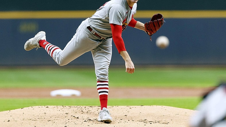 Sep 22, 2021; Milwaukee, Wisconsin, USA;  St. Louis Cardinals pitcher Miles Mikolas (39) throws against the Milwaukee Brewers during the first inning at American Family Field. Mandatory Credit: Jeff Hanisch-USA TODAY Sports