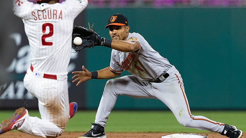 Sep 22, 2021; Philadelphia, Pennsylvania, USA; Baltimore Orioles shortstop Richie Martin (1) tags out Philadelphia Phillies shortstop Jean Segura (2) on a fielders choice during the third inning at Citizens Bank Park. Mandatory Credit: Bill Streicher-USA TODAY Sports