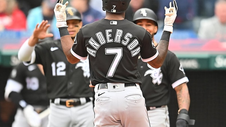 Sep 23, 2021; Cleveland, Ohio, USA; Chicago White Sox shortstop Tim Anderson (7) celebrates after hitting his second home run of the game during the second inning against the Cleveland Indians at Progressive Field. Mandatory Credit: Ken Blaze-USA TODAY Sports