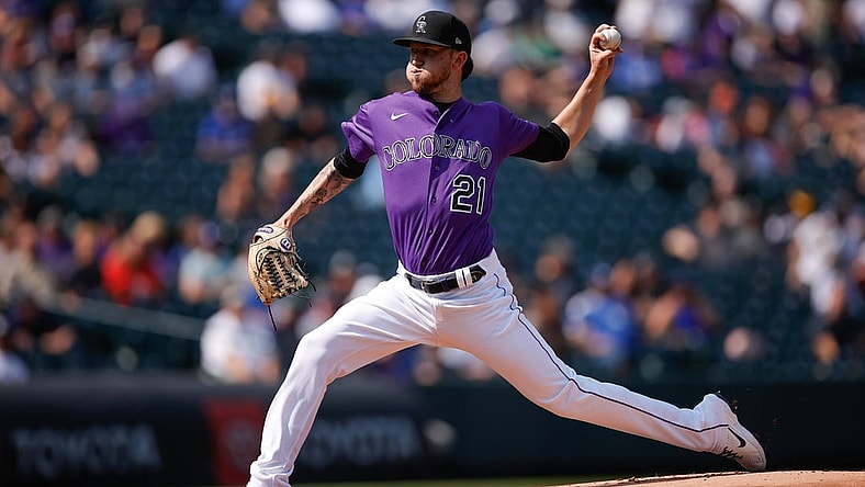 Sep 23, 2021; Denver, Colorado, USA; Colorado Rockies starting pitcher Kyle Freeland (21) pitches in the first inning against the Los Angeles Dodgers at Coors Field. Mandatory Credit: Isaiah J. Downing-USA TODAY Sports