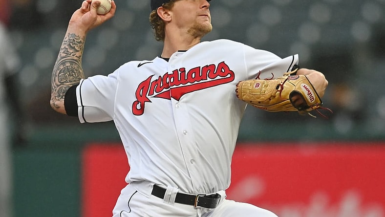Sep 23, 2021; Cleveland, Ohio, USA; Cleveland Indians starting pitcher Zach Plesac (34) throws a pitch during the first inning against the Chicago White Sox at Progressive Field. Mandatory Credit: Ken Blaze-USA TODAY Sports