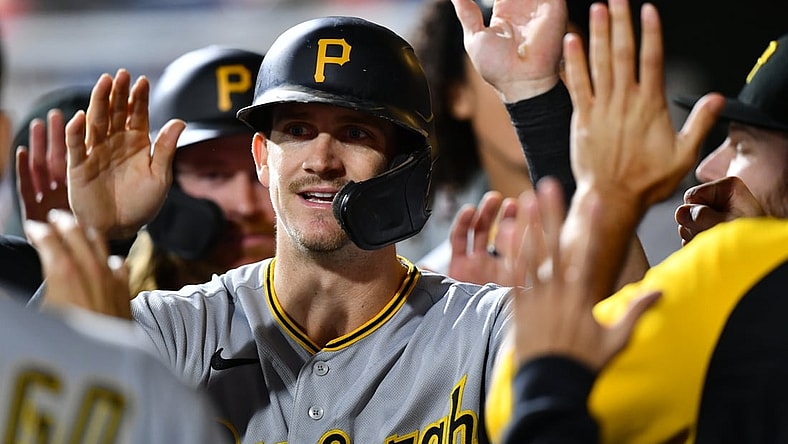 Sep 24, 2021; Philadelphia, Pennsylvania, USA; Pittsburgh Pirates infielder Kevin Newman (27) celebrates with teammates after scoring in the fourth inning against the Philadelphia Phillies at Citizens Bank Park. Mandatory Credit: Kyle Ross-USA TODAY Sports