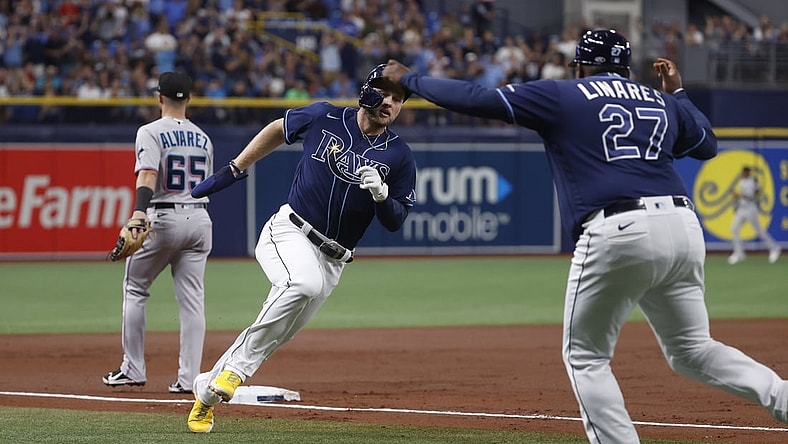 Sep 24, 2021; St. Petersburg, Florida, USA; Tampa Bay Rays designated hitter Austin Meadows (17) runs home to score a run during the first inning against the Miami Marlins at Tropicana Field. Mandatory Credit: Kim Klement-USA TODAY Sports