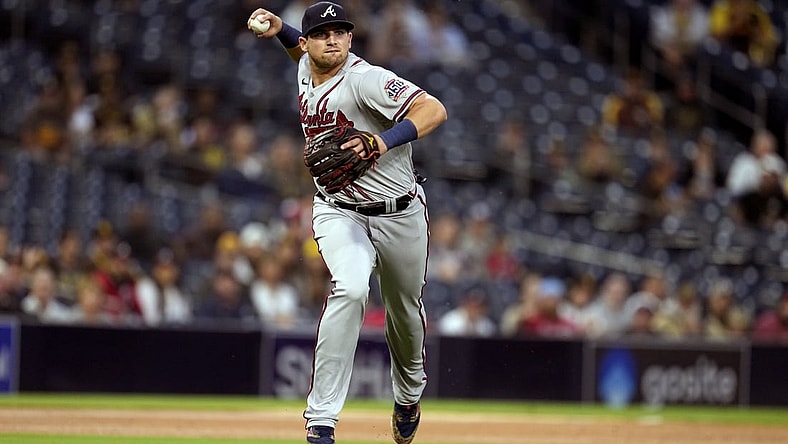 Sep 24, 2021; San Diego, CA, USA;  Atlanta Braves third baseman Austin Riley (27) fields a grounder against the San Diego Padres during the fifth inning at Petco Park. Mandatory Credit: Ray Acevedo-USA TODAY Sports