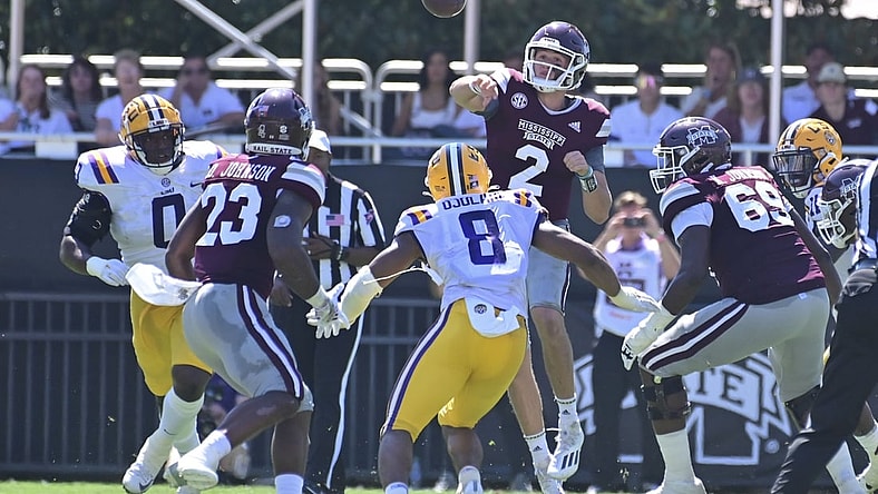 Sep 25, 2021; Starkville, Mississippi, USA; Mississippi State Bulldogs quarterback Will Rogers (2) makes a pass against the LSU Tigers during the second quarter at Davis Wade Stadium at Scott Field. Mandatory Credit: Matt Bush-USA TODAY Sports