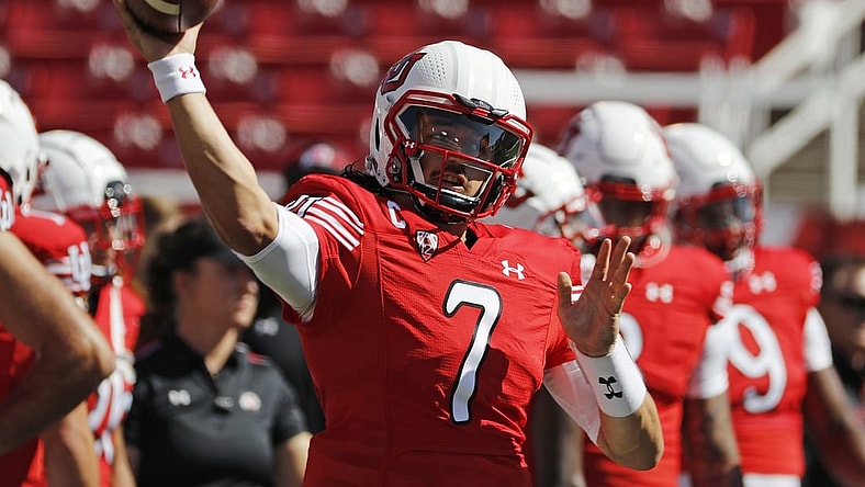 Sep 25, 2021; Salt Lake City, Utah, USA; Utah Utes quarterback Cameron Rising (7) warms up prior to their game against the Washington State Cougars at Rice-Eccles Stadium. Mandatory Credit: Jeffrey Swinger-USA TODAY Sports
