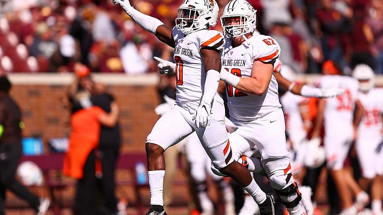 Sep 25, 2021; Minneapolis, Minnesota, USA; Bowling Green Falcons safety Jordan Anderson (0) celebrates after making a game ending interception during the fourth quarter against the Minnesota Gophers at Huntington Bank Stadium. Mandatory Credit: Harrison Barden-USA TODAY Sports