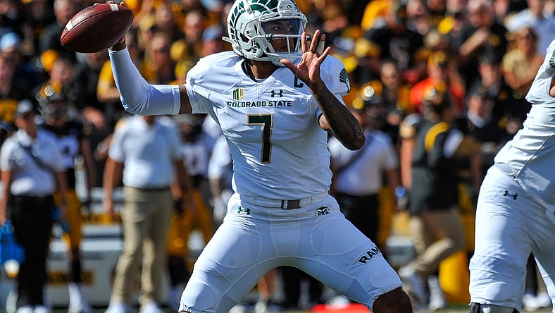 Sep 25, 2021; Iowa City, Iowa, USA; Colorado State Rams quarterback Todd Centeio (7) throws a pass against the Iowa Hawkeyes during the first quarter at Kinnick Stadium. Mandatory Credit: Jeffrey Becker-USA TODAY Sports