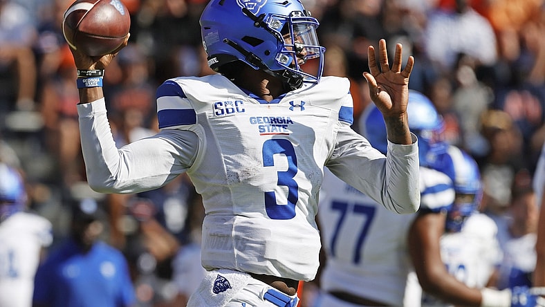 Sep 25, 2021; Auburn, Alabama, USA;  Georgia State Panthers quarterback Darren Grainger (3) rolls out to pass during the first quarter against the Auburn Tigers at Jordan-Hare Stadium. Mandatory Credit: John Reed-USA TODAY Sports