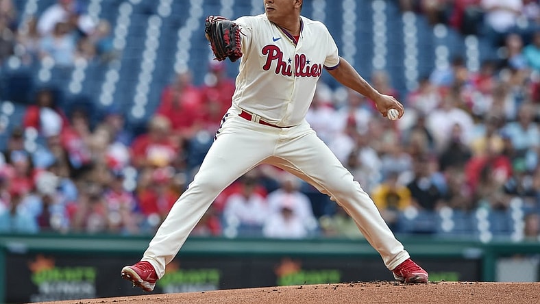 Sep 25, 2021; Philadelphia, Pennsylvania, USA;  Philadelphia Phillies relief pitcher Ranger Suarez (55) pitches during the first inning of the game against the Pittsburgh Pirates at Citizens Bank Park. Mandatory Credit: John Geliebter-USA TODAY Sports