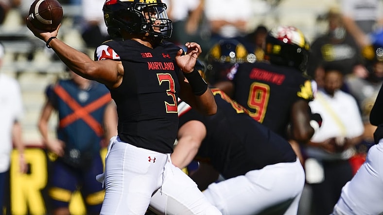 Sep 25, 2021; College Park, Maryland, USA;  Maryland Terrapins quarterback Taulia Tagovailoa (3) throws from the pocket during the first half against the Kent State Golden Flashes at Capital One Field at Maryland Stadium. Mandatory Credit: Tommy Gilligan-USA TODAY Sports