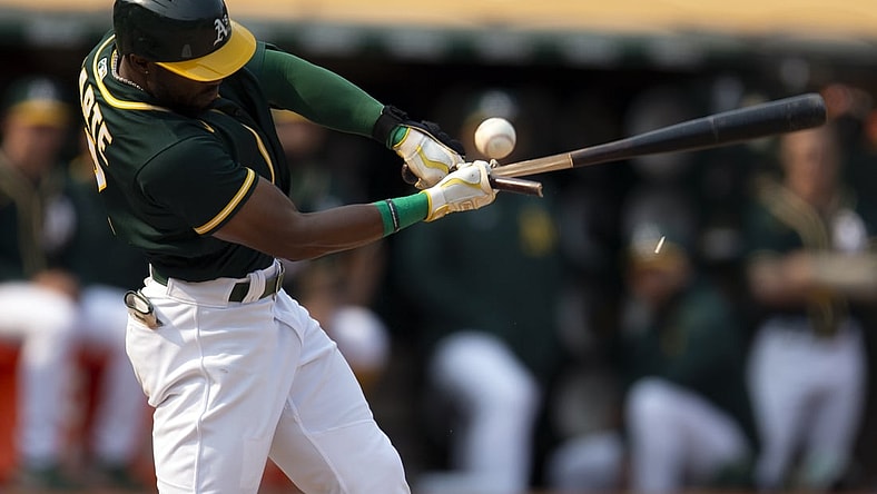 Sep 25, 2021; Oakland, California, USA; Oakland Athletics center fielder Starling Marte (2) breaks his bat fouling off a pitch from Houston Astros pitcher Kendall Graveman during the seventh inning at RingCentral Coliseum. Mandatory Credit: D. Ross Cameron-USA TODAY Sports