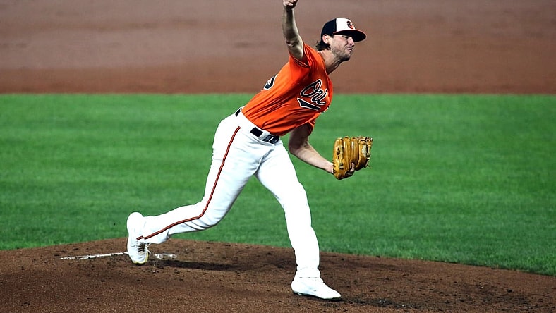 Sept. 25, 2021; Baltimore, Maryland, USA; Baltimore Orioles relief pitcher Chris Ellis (75) throws against the Texas Rangers during the third inning at Oriole Park at Camden Yards. Mandatory Credit: Daniel Kucin Jr.-USA TODAY Sports