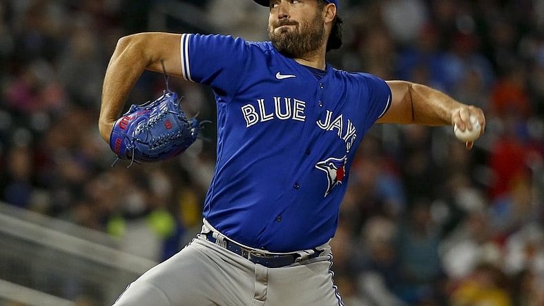 Sep 25, 2021; Minneapolis, Minnesota, USA; Toronto Blue Jays starting pitcher Robbie Ray (38) throws to the Minnesota Twins in the first inning at Target Field. Mandatory Credit: Bruce Kluckhohn-USA TODAY Sports