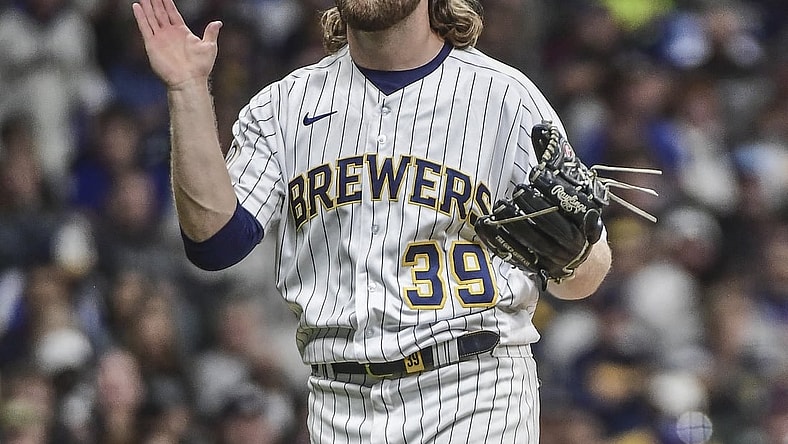 Sep 25, 2021; Milwaukee, Wisconsin, USA; Milwaukee Brewers pitcher Corbin Burnes (39) reacts after striking out New York Mets shortstop Francisco Lindor (not pictured) to end the fifth inning at American Family Field. Mandatory Credit: Benny Sieu-USA TODAY Sports