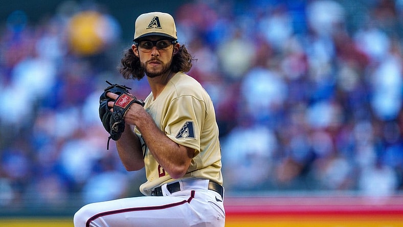 Sep 25, 2021; Phoenix, Arizona, USA; Arizona Diamondbacks starting pitcher Zac Gallen (23) throws against the Los Angeles Dodgers during the third inning at Chase Field. Mandatory Credit: Allan Henry-USA TODAY Sports