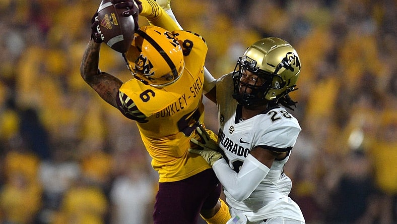Sep 25, 2021; Tempe, Arizona, USA; Colorado Buffaloes cornerback Tyrin Taylor (28) breaks up a pass intended for Arizona State Sun Devils wide receiver LV Bunkley-Shelton (6) during the first half at Sun Devil Stadium. Mandatory Credit: Joe Camporeale-USA TODAY Sports