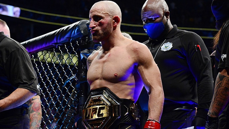Sep 25, 2021; Las Vegas, Nevada, USA; Alexander Volkanovski reacts following his victory and title defense against Brian Ortega during UFC 266 at T-Mobile Arena. Mandatory Credit: Gary A. Vasquez-USA TODAY Sports