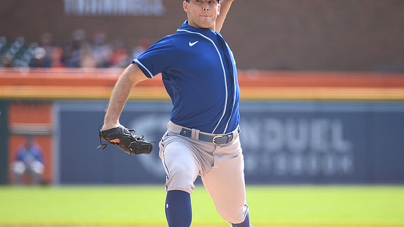 Sep 26, 2021; Detroit, Michigan, USA; Kansas City Royals starting pitcher Kris Bubic (50) pitches the ball during the first inning against the Detroit Tigers at Comerica Park. Mandatory Credit: Tim Fuller-USA TODAY Sports