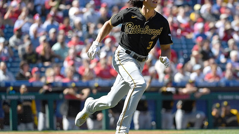 Sep 26, 2021; Philadelphia, Pennsylvania, USA;  Pittsburgh Pirates shortstop Cole Tucker (3) watches his leadoff home run during the first inning against the Philadelphia Phillies at Citizens Bank Park. Mandatory Credit: Eric Hartline-USA TODAY Sports