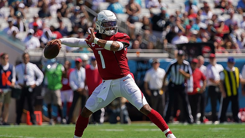 Sep 26, 2021; Jacksonville, Florida, USA; Arizona Cardinals quarterback Kyler Murray (1) attempts a pass against the Jacksonville Jaguars during the first half at TIAA Bank Field. Mandatory Credit: Jasen Vinlove-USA TODAY Sports