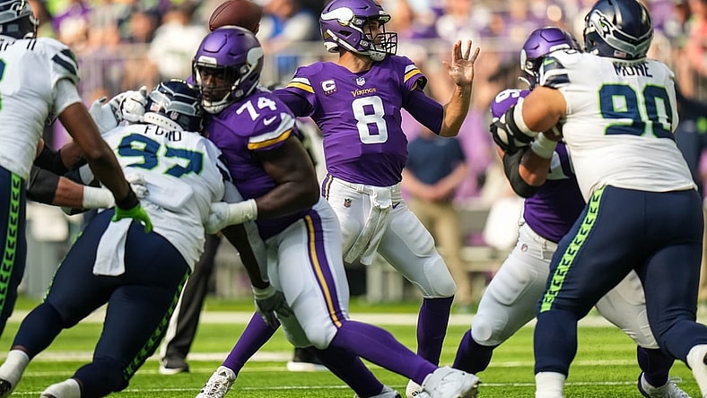 Sep 26, 2021; Minneapolis, Minnesota, USA; Minnesota Vikings quarterback Kirk Cousins (8) throws the ball during the first quarter against Seattle Seahawks at U.S. Bank Stadium. Mandatory Credit: Brace Hemmelgarn-USA TODAY Sports