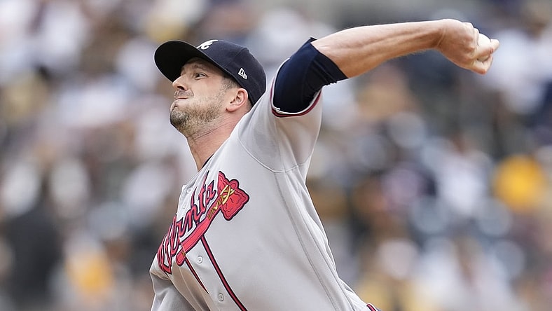 Sep 26, 2021; San Diego, California, USA;  Atlanta Braves relief pitcher Drew Smyly (18) pitches against the San Diego Padres during the third inning at Petco Park. Mandatory Credit: Ray Acevedo-USA TODAY Sports