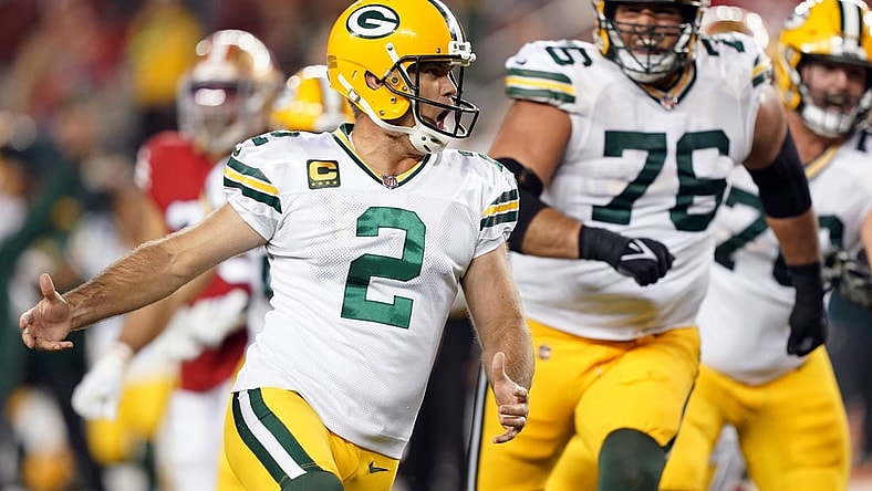 Sep 26, 2021; Santa Clara, California, USA; Green Bay Packers kicker Mason Crosby (2) celebrates after kicking a game-winning field goal during the fourth quarter against the San Francisco 49ers at Levi's Stadium. Mandatory Credit: Darren Yamashita-USA TODAY Sports