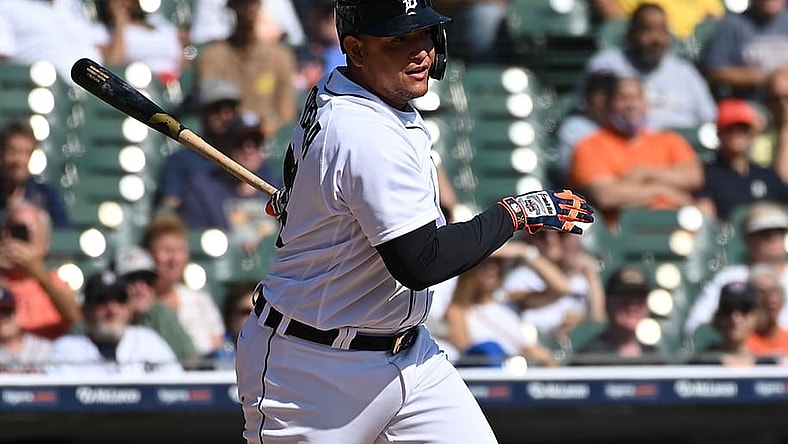 Sep 27, 2021; Detroit, Michigan, USA; Detroit Tigers designated hitter Miguel Cabrera hits career number 2985 in the first inning against the Chicago White Sox at Comerica Park. Mandatory Credit: Dale Young-USA TODAY Sports