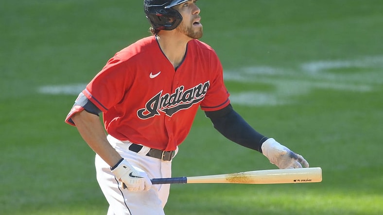 Sep 27, 2021; Cleveland, Ohio, USA; Cleveland Indians right fielder Bradley Zimmer (4) watches his solo home run in the eighth inning against the Kansas City Royals at Progressive Field. Mandatory Credit: David Richard-USA TODAY Sports