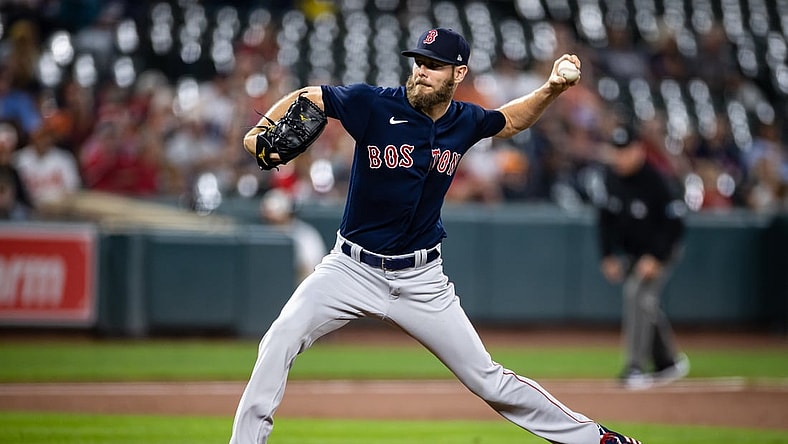 Sep 28, 2021; Baltimore, Maryland, USA; Boston Red Sox starting pitcher Chris Sale (41) pitches against the Baltimore Orioles during the second inning at Oriole Park at Camden Yards. Mandatory Credit: Scott Taetsch-USA TODAY Sports