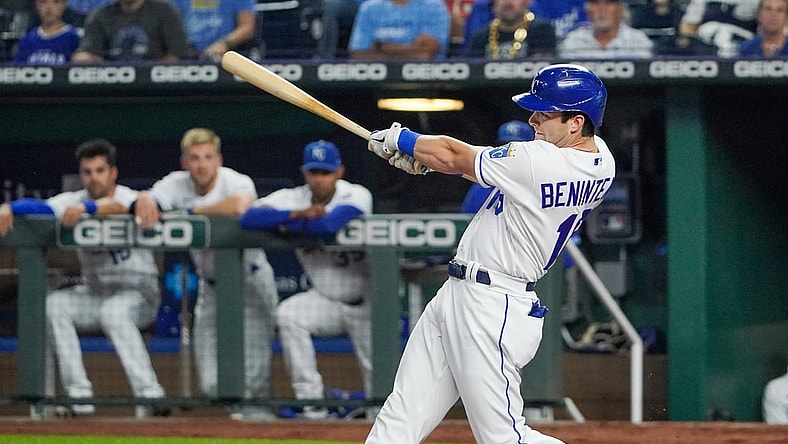Sep 28, 2021; Kansas City, Missouri, USA; Kansas City Royals left fielder Andrew Benintendi (16) hits a two run home run against the Cleveland Indians in the first inning at Kauffman Stadium. Mandatory Credit: Denny Medley-USA TODAY Sports