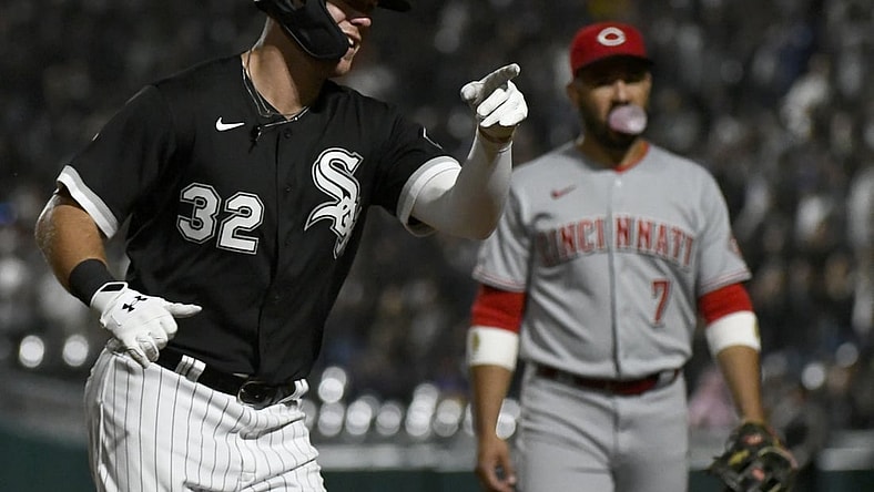 Sep 28, 2021; Chicago, Illinois, USA;  Chicago White Sox first baseman Gavin Sheets (32) reacts after hitting a home run during the fourth inning against the Cincinnati Reds at Guaranteed Rate Field. Mandatory Credit: Matt Marton-USA TODAY Sports