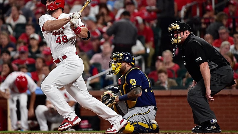 Sep 28, 2021; St. Louis, Missouri, USA;  St. Louis Cardinals first baseman Paul Goldschmidt (46) hits a single during the third inning against the Milwaukee Brewers at Busch Stadium. Mandatory Credit: Jeff Curry-USA TODAY Sports