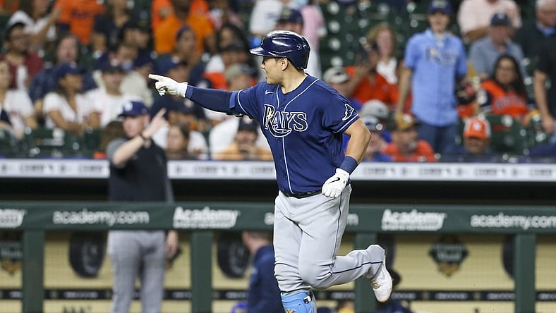 Sep 29, 2021; Houston, Texas, USA; Tampa Bay Rays first baseman Ji-Man Choi (26) reacts to his three run home run against the Houston Astros in the fifth inning at Minute Maid Park. Mandatory Credit: Thomas Shea-USA TODAY Sports