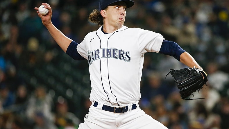 Sep 29, 2021; Seattle, Washington, USA; Seattle Mariners starting pitcher Logan Gilbert (36) throws against the Oakland Athletics during the fourth inning at T-Mobile Park. Mandatory Credit: Joe Nicholson-USA TODAY Sports