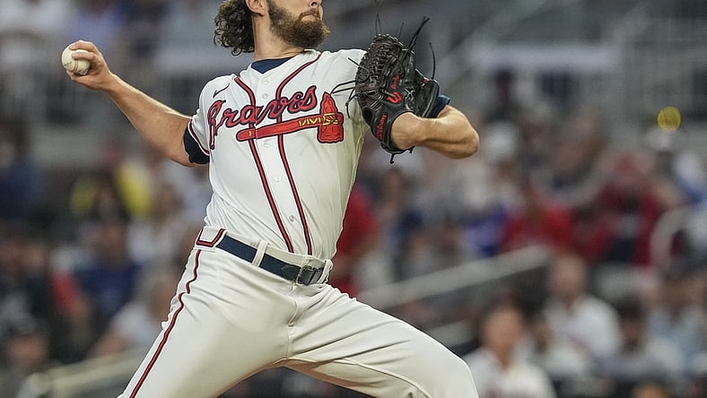 Sep 30, 2021; Cumberland, Georgia, USA; Atlanta Braves starting pitcher Ian Anderson (36) pitches against the Philadelphia Phillies during the first inning at Truist Park. Mandatory Credit: Dale Zanine-USA TODAY Sports