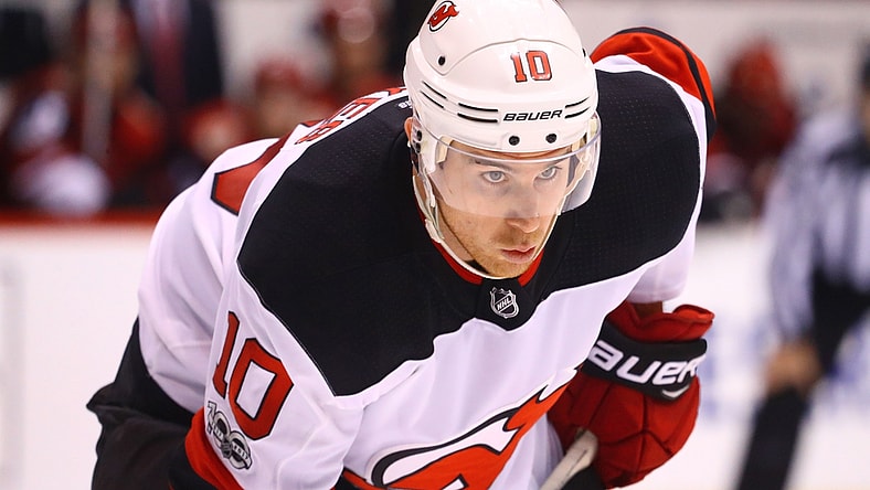 Dec 2, 2017; Glendale, AZ, USA; New Jersey Devils right wing Jimmy Hayes (10) against the Arizona Coyotes at Gila River Arena. Mandatory Credit: Mark J. Rebilas-USA TODAY Sports