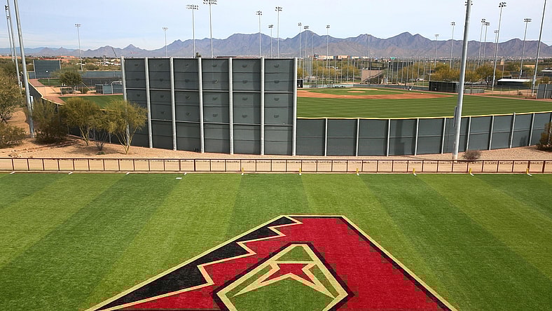 Feb 13, 2019; Scottsdale, AZ, USA; Arizona Diamondbacks logo is seen during the first day of spring training workouts at Salt River Fields. Mandatory Credit: Rob Schumacher/The Republic via USA TODAY NETWORK