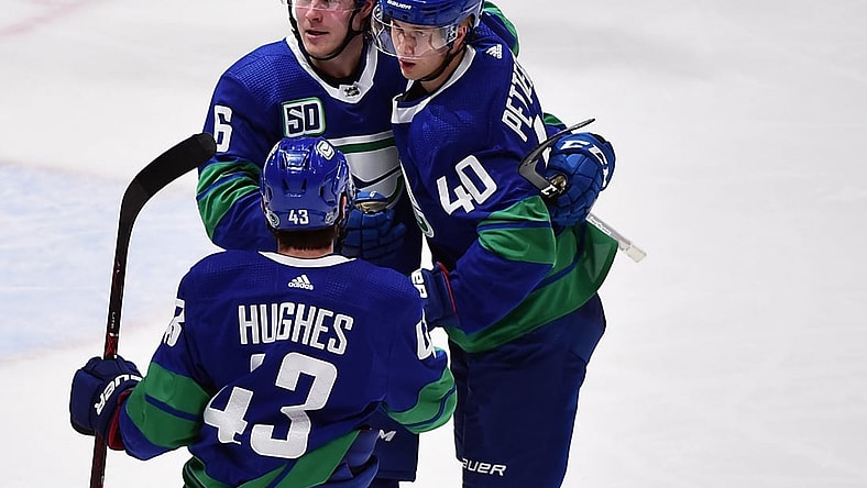 Dec 28, 2019; Vancouver, British Columbia, CAN;  Vancouver Canucks forward Elias Pettersson (40) celebrates his goal  against Los Angeles Kings goaltender Jonathan Quick (32) (not pictured) with Vancouver Canucks defenseman Quinn Hughes (43) and forward Brock Boeser (6) during the third period at Rogers Arena. Mandatory Credit: Anne-Marie Sorvin-USA TODAY Sports