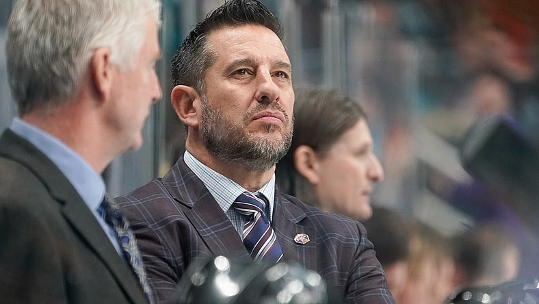 Jan 27, 2020; San Jose, California, USA;  San Jose Sharks head coach Bob Boughner reacts in the game against the Anaheim Ducks during the third period at SAP Center at San Jose. Mandatory Credit: Stan Szeto-USA TODAY Sports