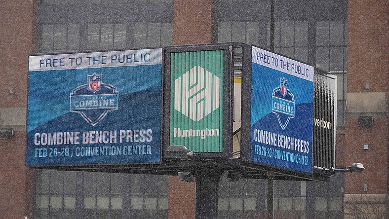 Feb 26, 2020; Indianapolis, Indiana, USA;  General overall of NFL Scouring Combine sign outside of Lucas Oil Stadium. Mandatory Credit: Kirby Lee-USA TODAY Sports