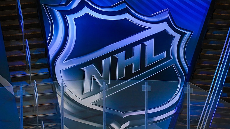 Aug 13, 2020; Edmonton, Alberta, CAN; General view of NHL logo in the stands during the warmup period between the Dallas Stars and the Calgary Flames in game two of the first round of the 2020 Stanley Cup Playoffs at Rogers Place. Mandatory Credit: Sergei Belski-USA TODAY Sports