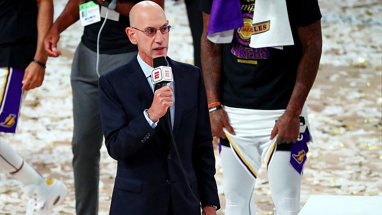 Oct 11, 2020; Lake Buena Vista, Florida, USA; NBA Commissioner Adam Silver during the trophy presentation after game six of the 2020 NBA Finals between the Los Angeles Lakers and the Miami Heat at AdventHealth Arena. The Los Angeles Lakers won 106-93 to win the series. Mandatory Credit: Kim Klement-USA TODAY Sports